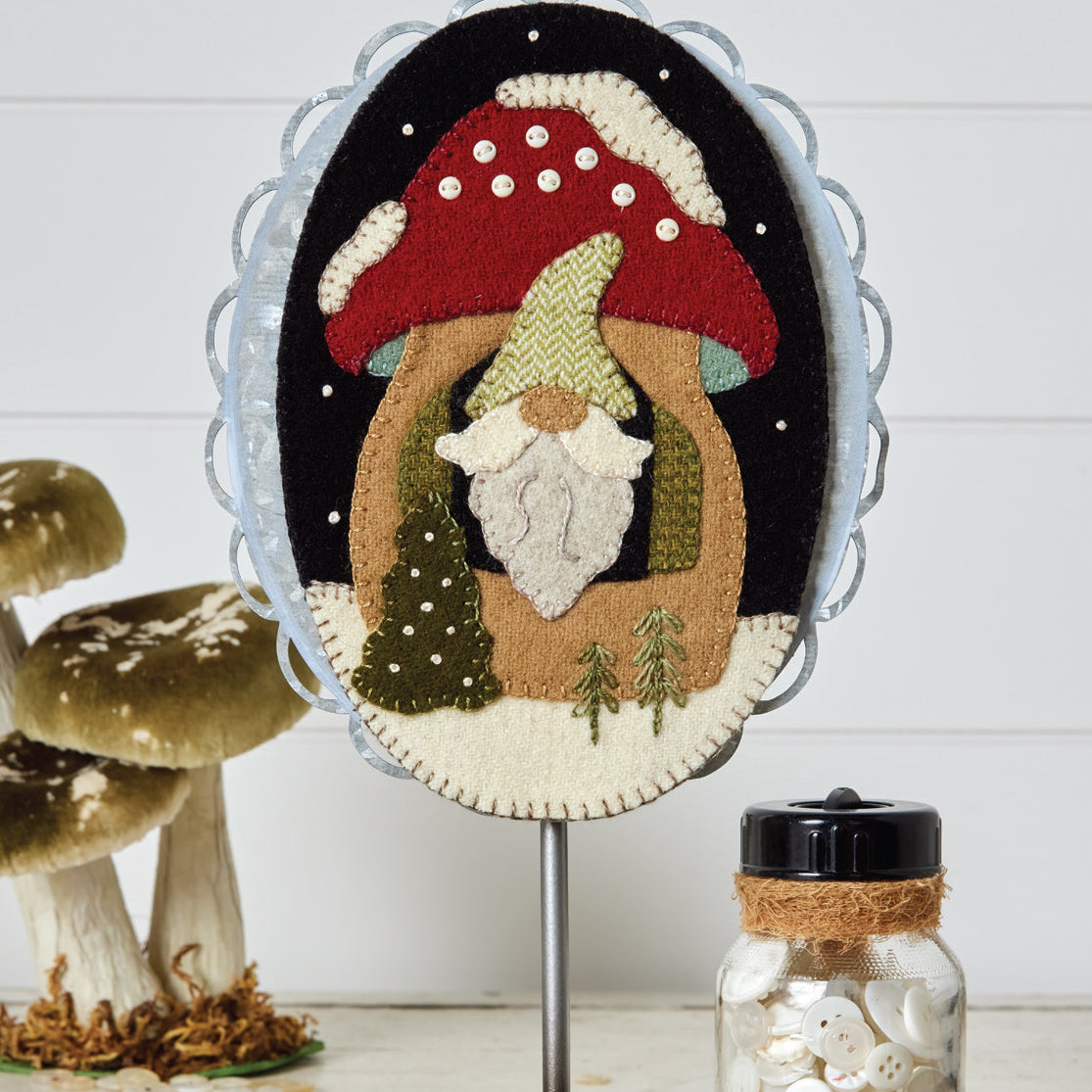 Gnome in Mushroom House & Oval Stand Buttermilk Basin