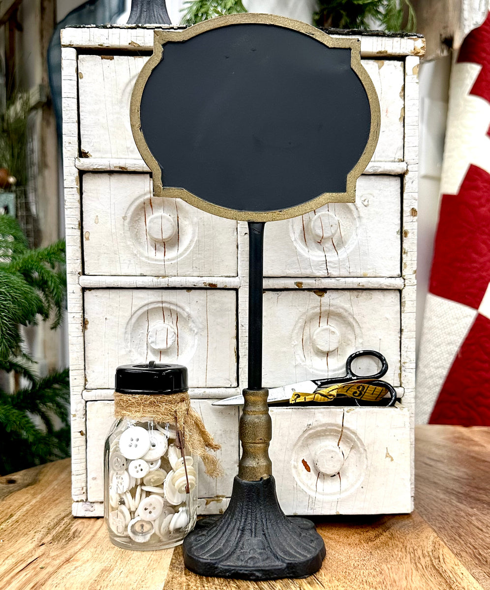 Pointed Oval Chalkboard Stand w/ Aged Gold Distressed Border &