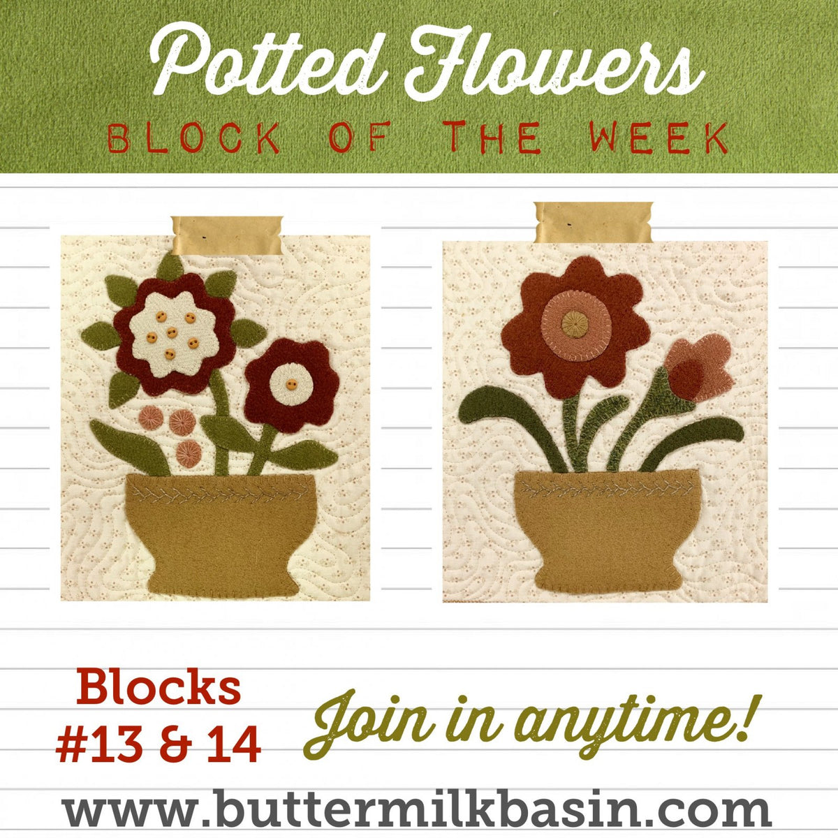 Baskets Wool Applique Block of the Month or All at Once